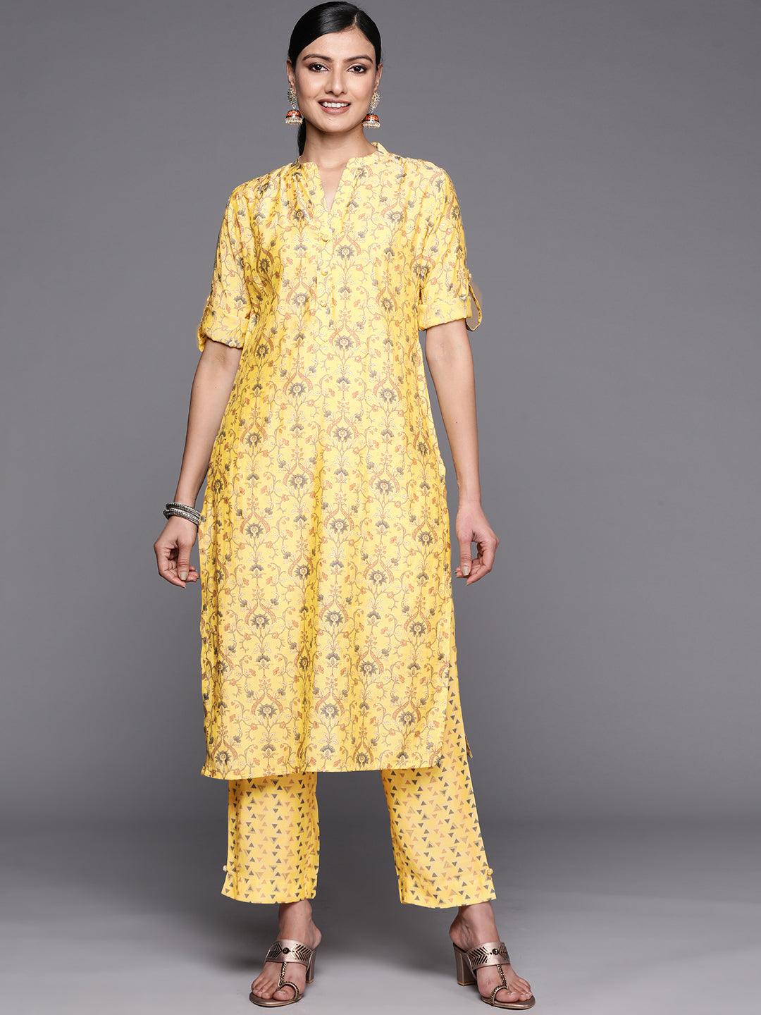 Yellow Printed Silk Blend Straight Kurta With Trousers
