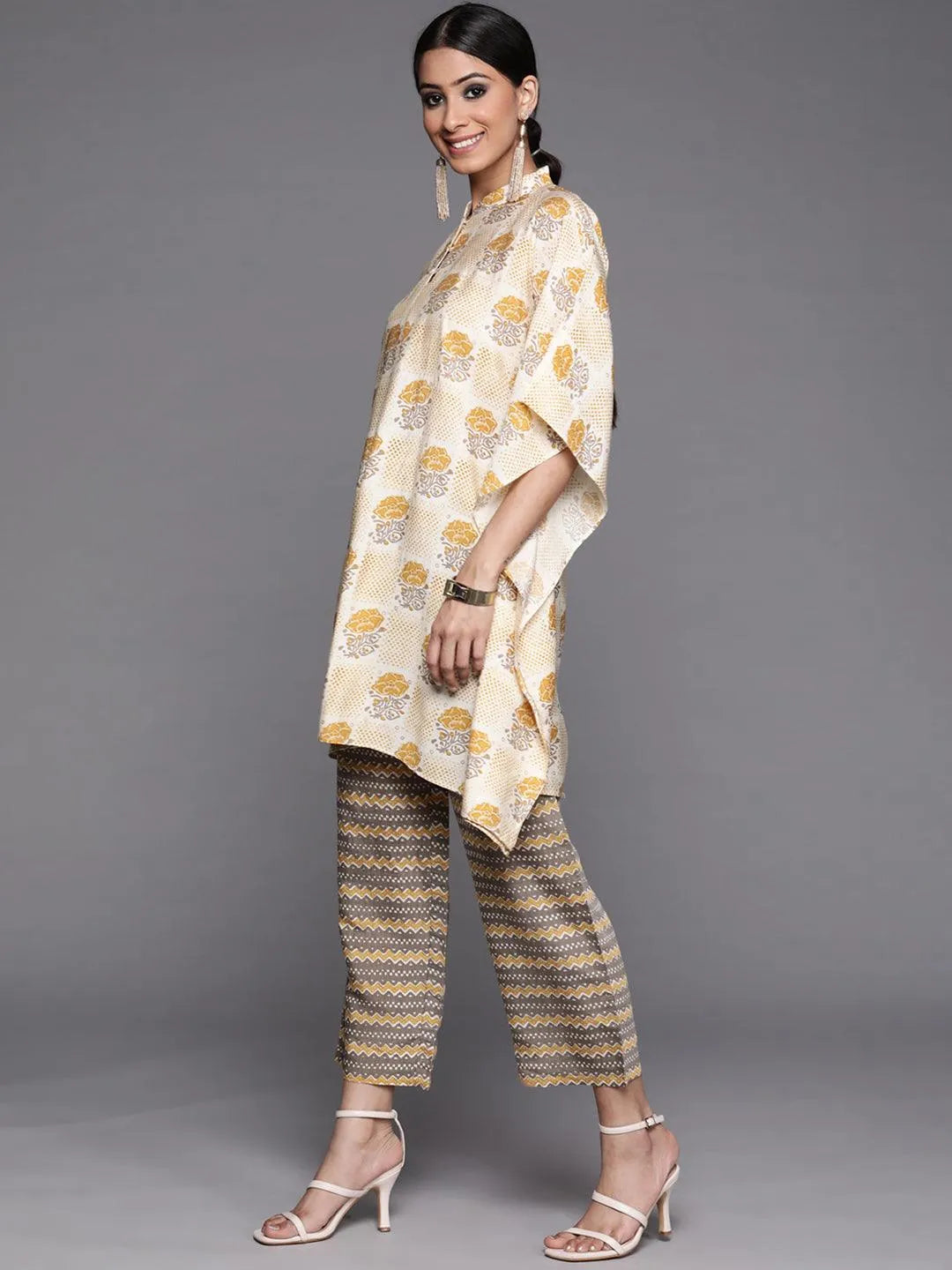 Yellow Printed Silk Kurta Set - Libas 