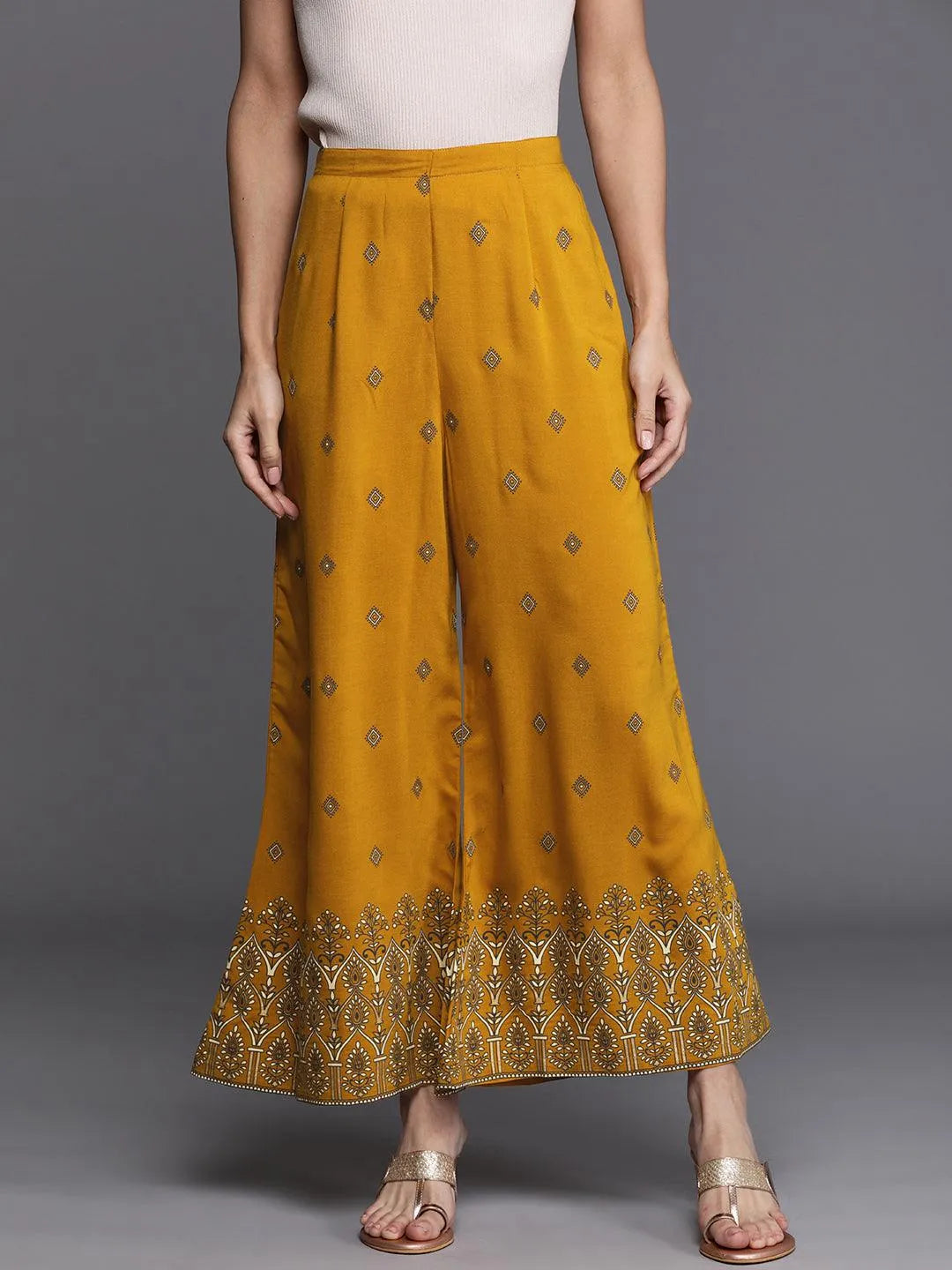 Yellow Printed Silk Palazzos - Libas