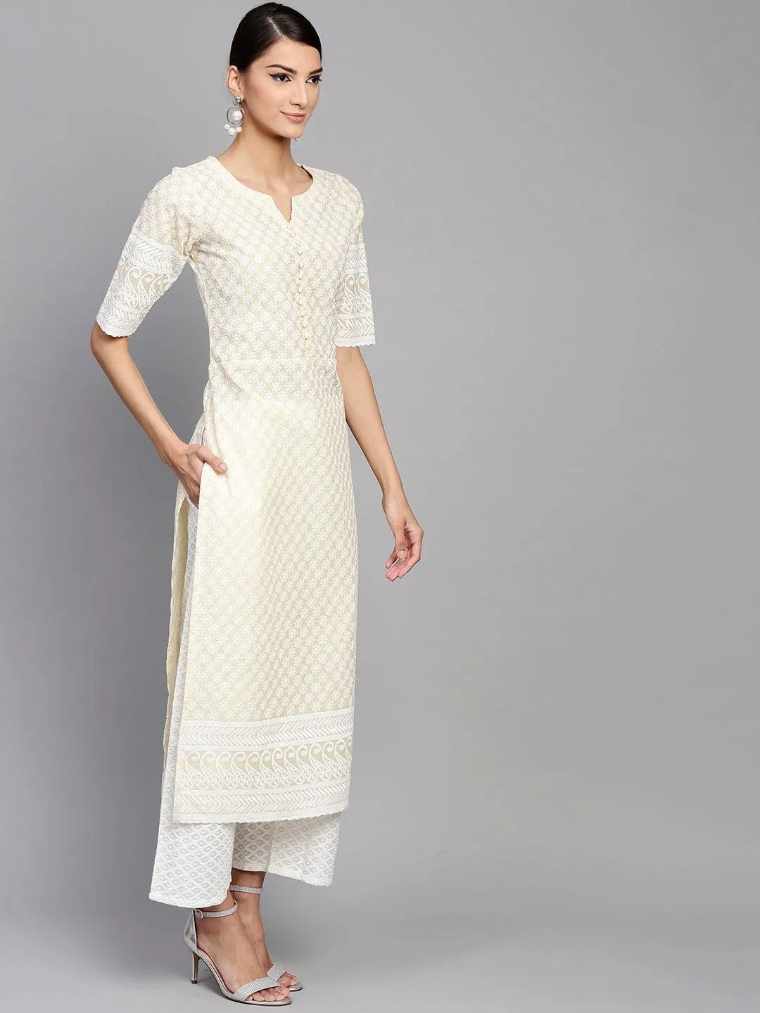 Yellow Schiffli Cotton Kurta Set - Libas