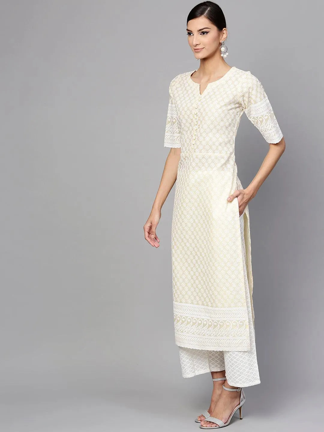 Yellow Schiffli Cotton Kurta Set - Libas