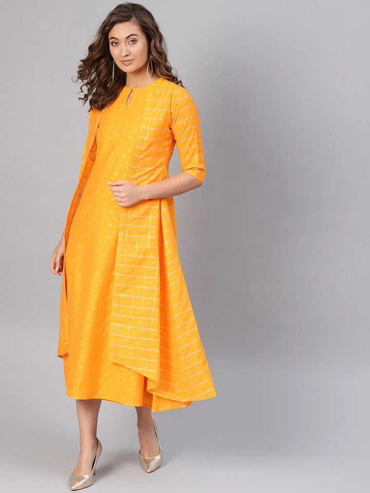 Yellow Self Design Chanderi Dress With Jacket - Libas