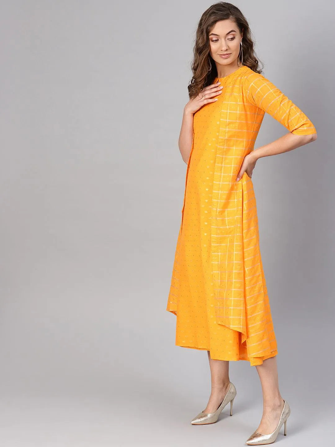 Yellow Self Design Chanderi Dress With Jacket - Libas