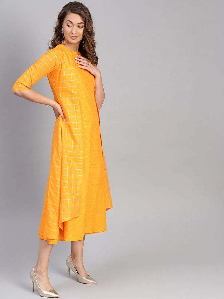 Yellow Self Design Chanderi Dress With Jacket - Libas