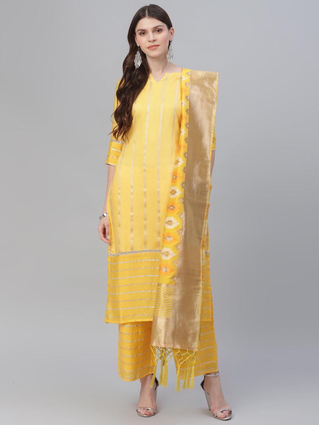 Yellow Self Design Chanderi Silk Straight Kurta With Palazzos & Dupatta