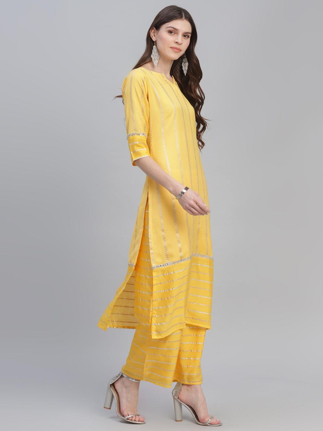 Yellow Self Design Chanderi Silk Straight Kurta With Palazzos & Dupatta