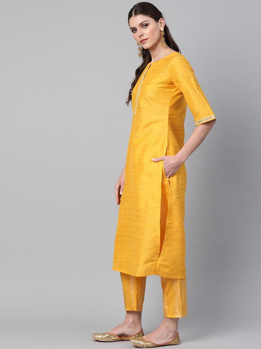 Yellow Self Design Chanderi Silk Straight Kurta With Trousers