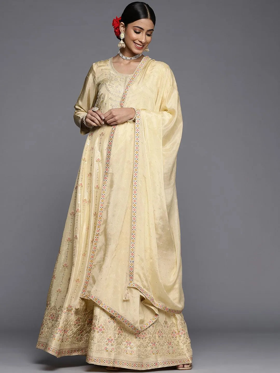 Yellow Self Design Silk Anarkali Suit Set - Libas 