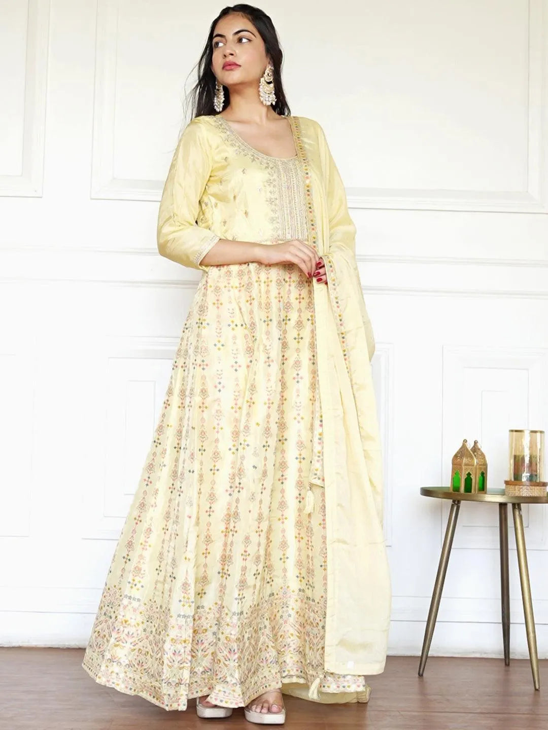 Yellow Self Design Silk Anarkali Kurta With Churidar & Dupatta - Libas