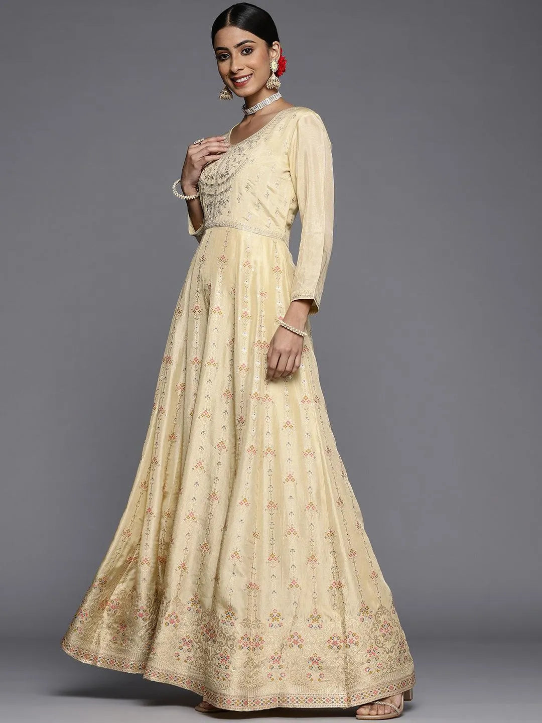 Yellow Self Design Silk Anarkali Suit Set - Libas 