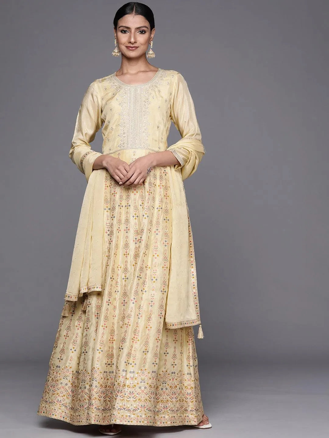 Yellow Self Design Silk Anarkali Suit Set - Libas 