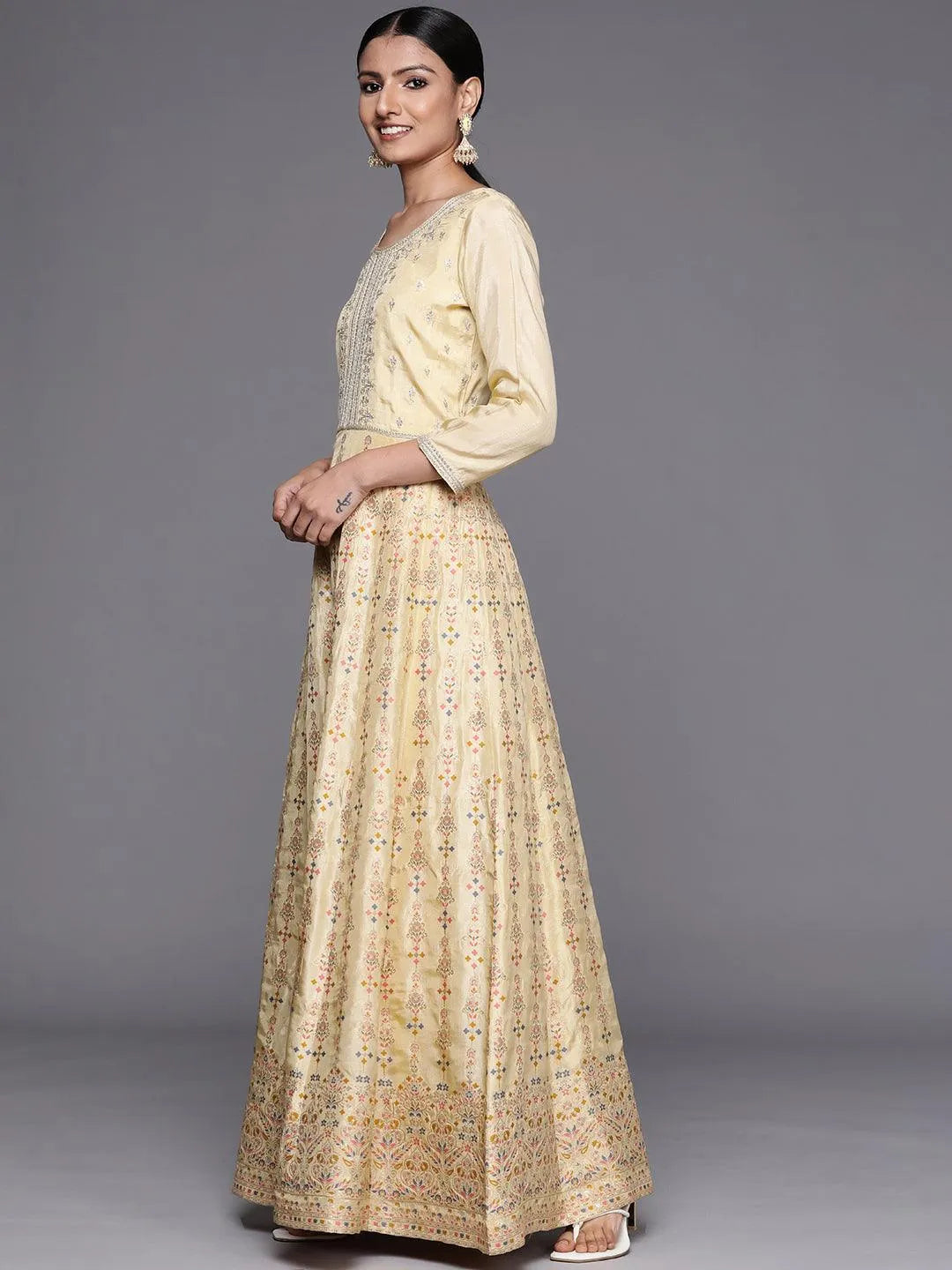 Yellow Self Design Silk Anarkali Suit Set - Libas 