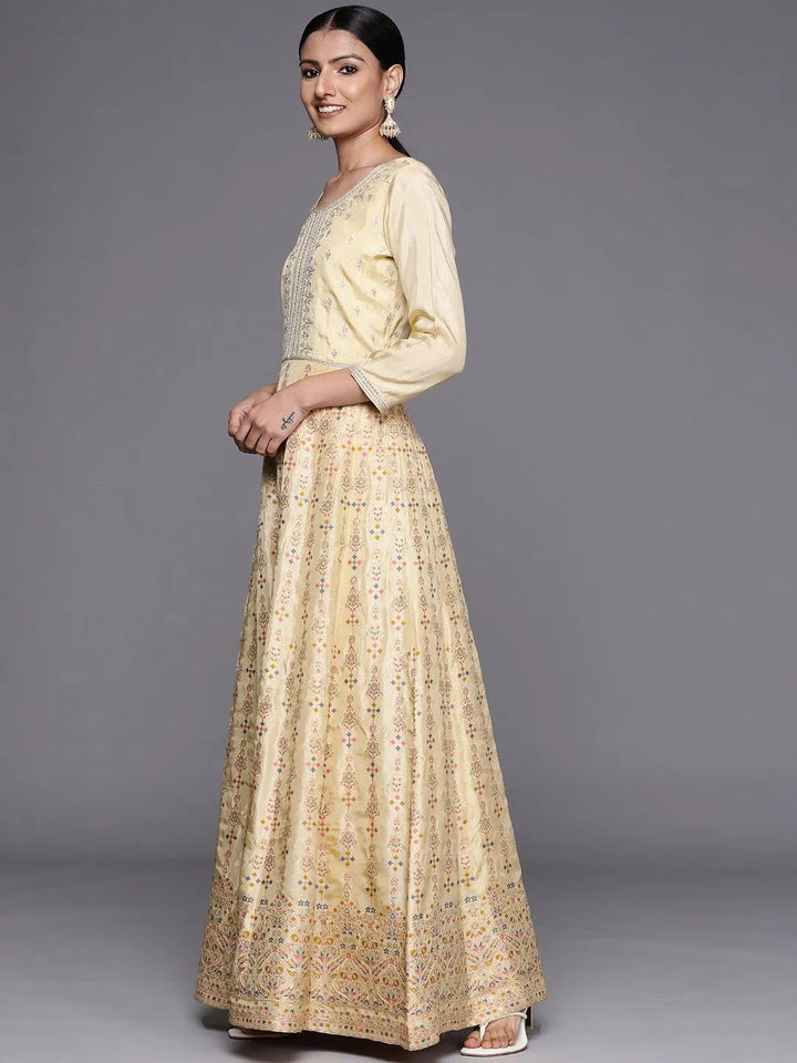 Yellow Self Design Silk Anarkali Suit Set - Libas