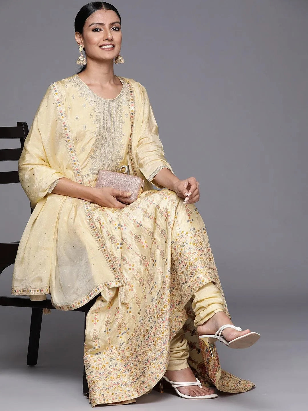 Yellow Self Design Silk Anarkali Suit Set - Libas