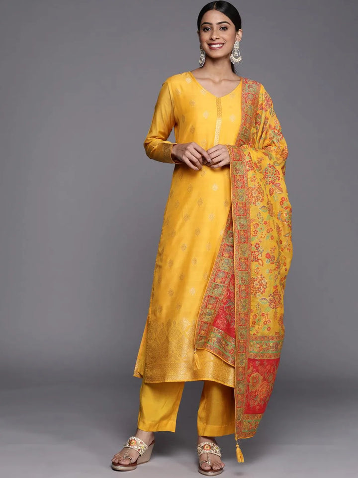 Yellow Self Design Silk Blend Straight Suit Set - Libas