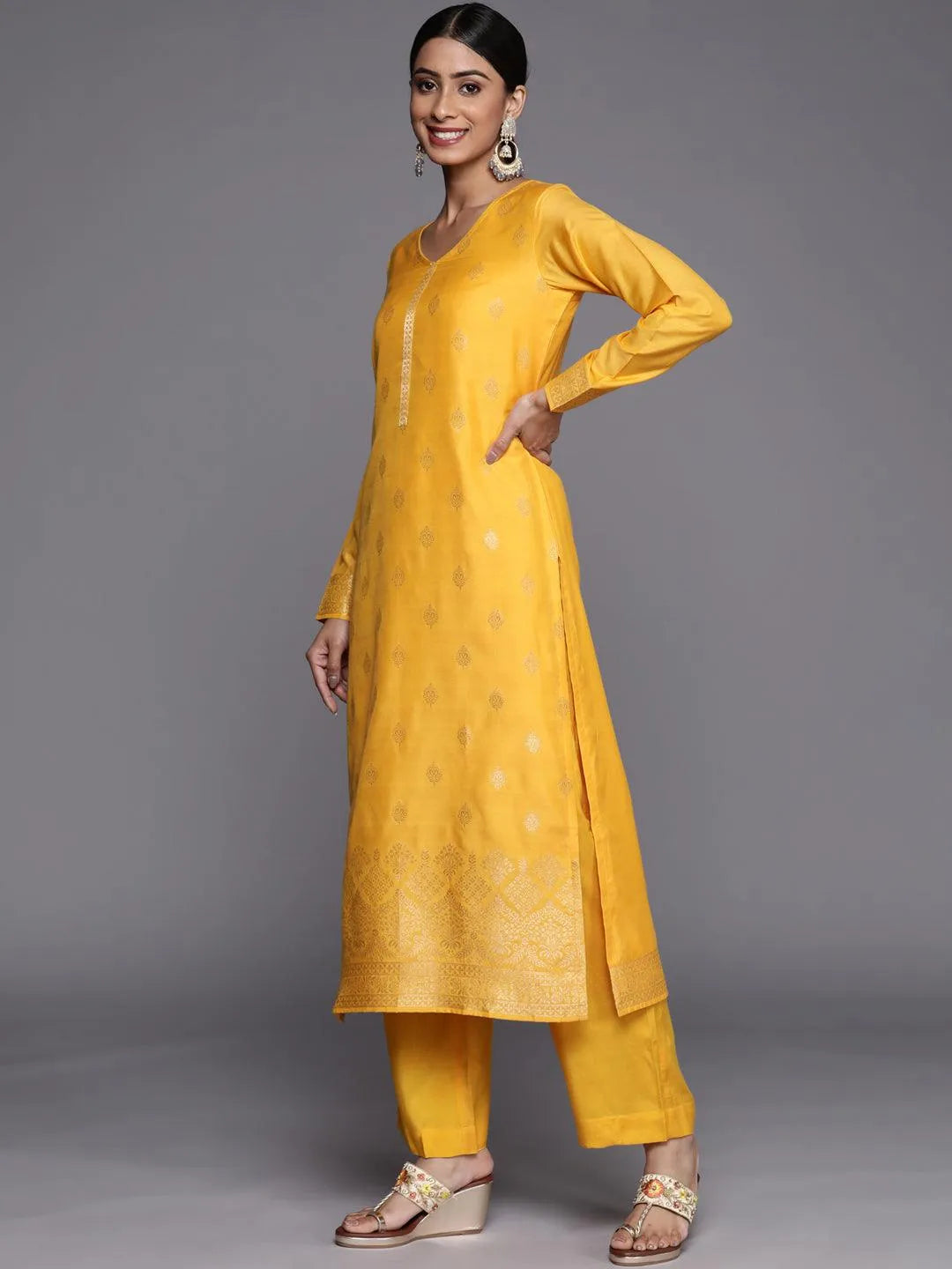 Yellow Self Design Silk Blend Straight Suit Set - Libas