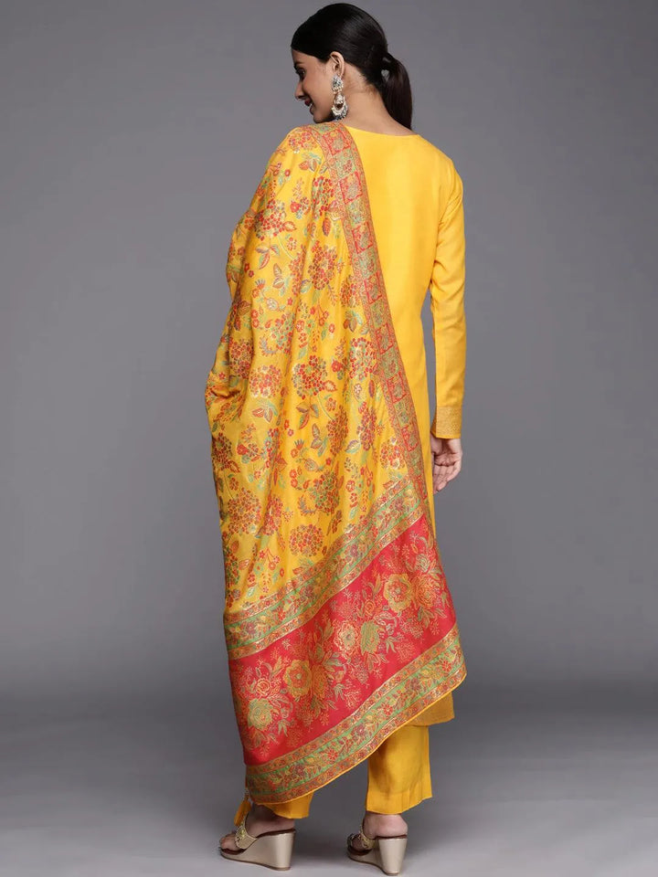 Yellow Self Design Silk Blend Straight Suit Set - Libas