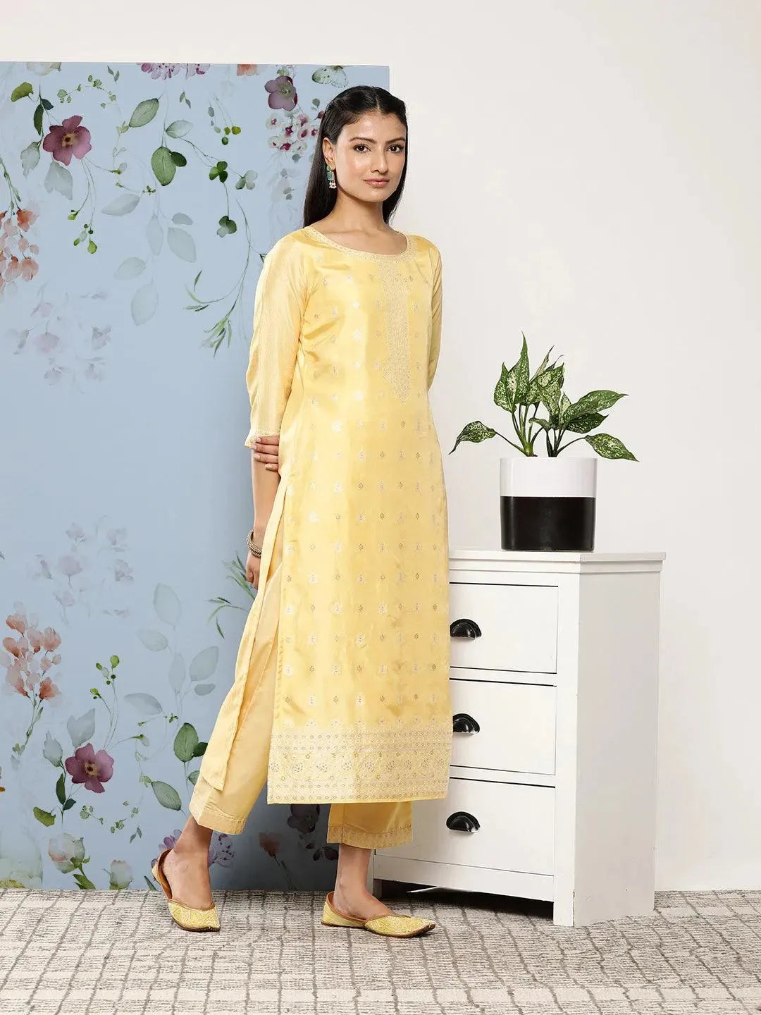 

Yellow Self Design Silk Blend Straight Kurta With Trousers & Dupatta