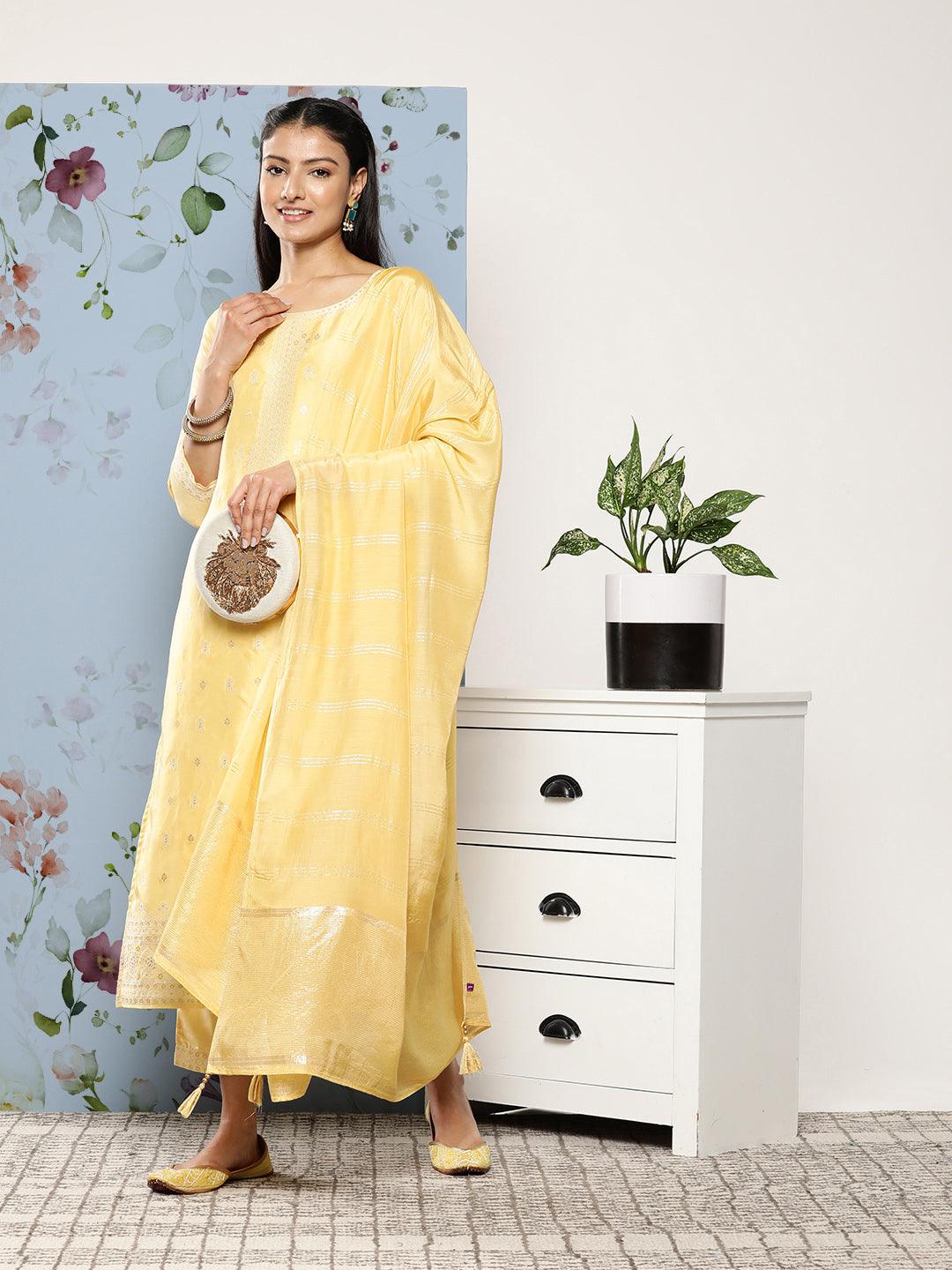 Yellow Self Design Silk Blend Straight Kurta With Trousers & Dupatta