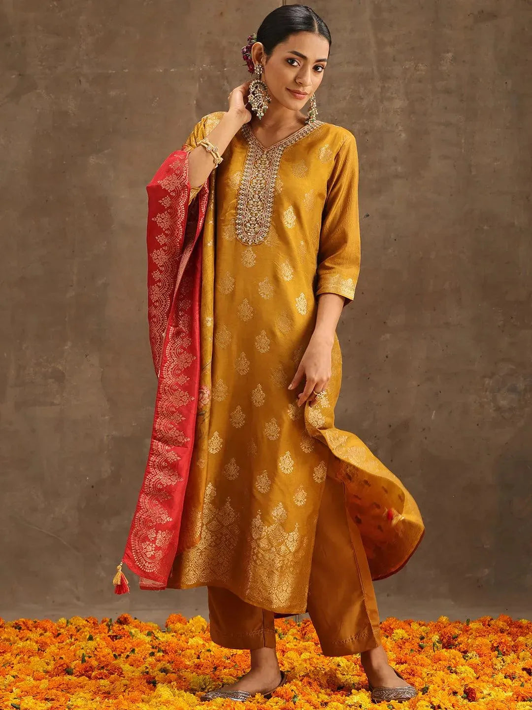 

Yellow Self Design Silk Straight Kurta With Trousers & Dupatta