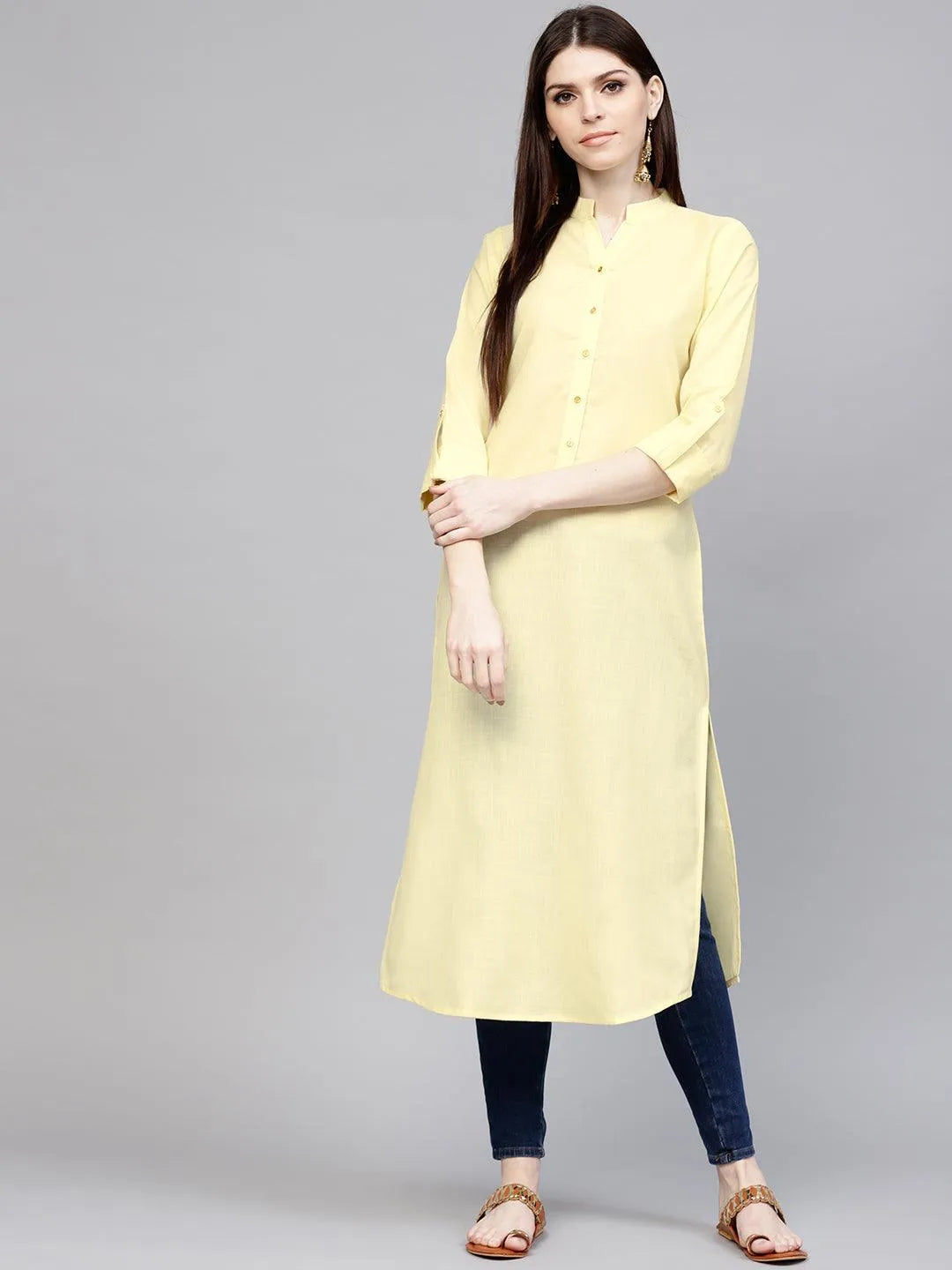 Yellow Solid Cotton Kurta - Libas