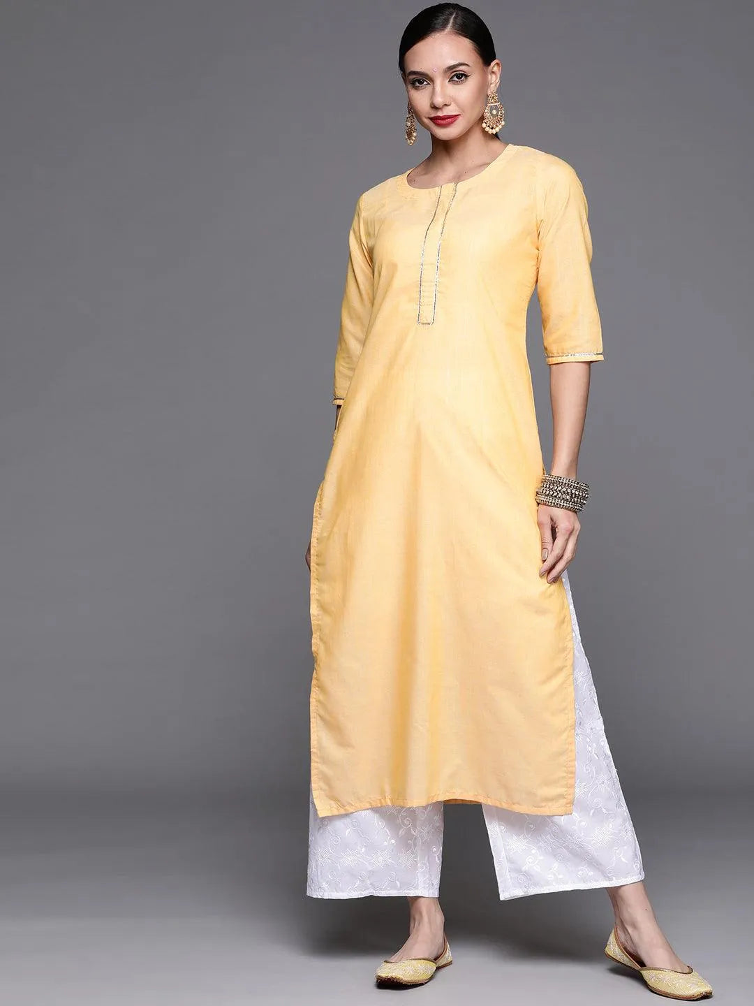 Yellow Solid Cotton Kurta - Libas