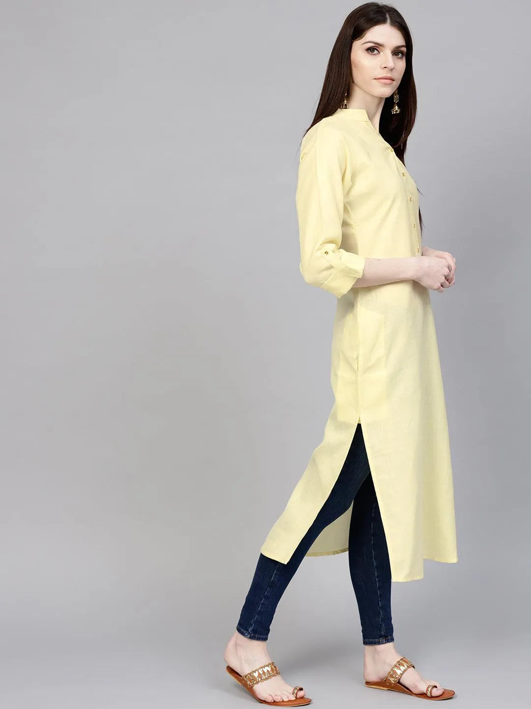 Yellow Solid Cotton Kurta - Libas