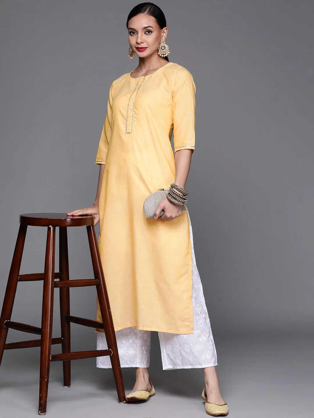 Yellow Solid Cotton Kurta - Libas