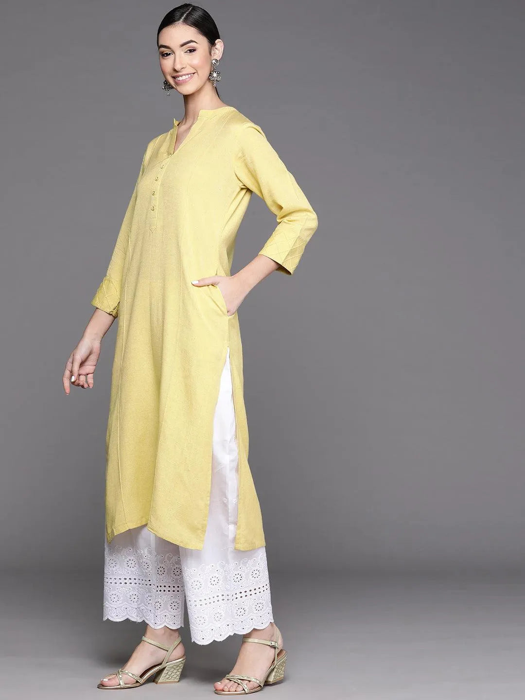 Yellow Solid Cotton Kurta - Libas 