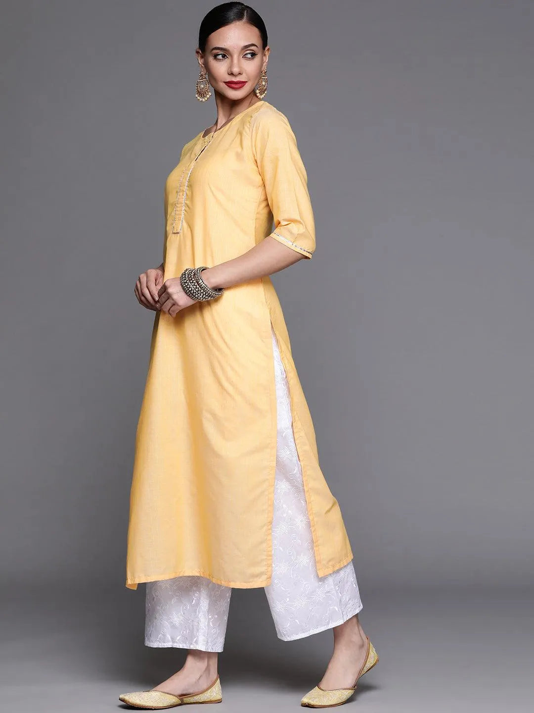 Yellow Solid Cotton Kurta - Libas