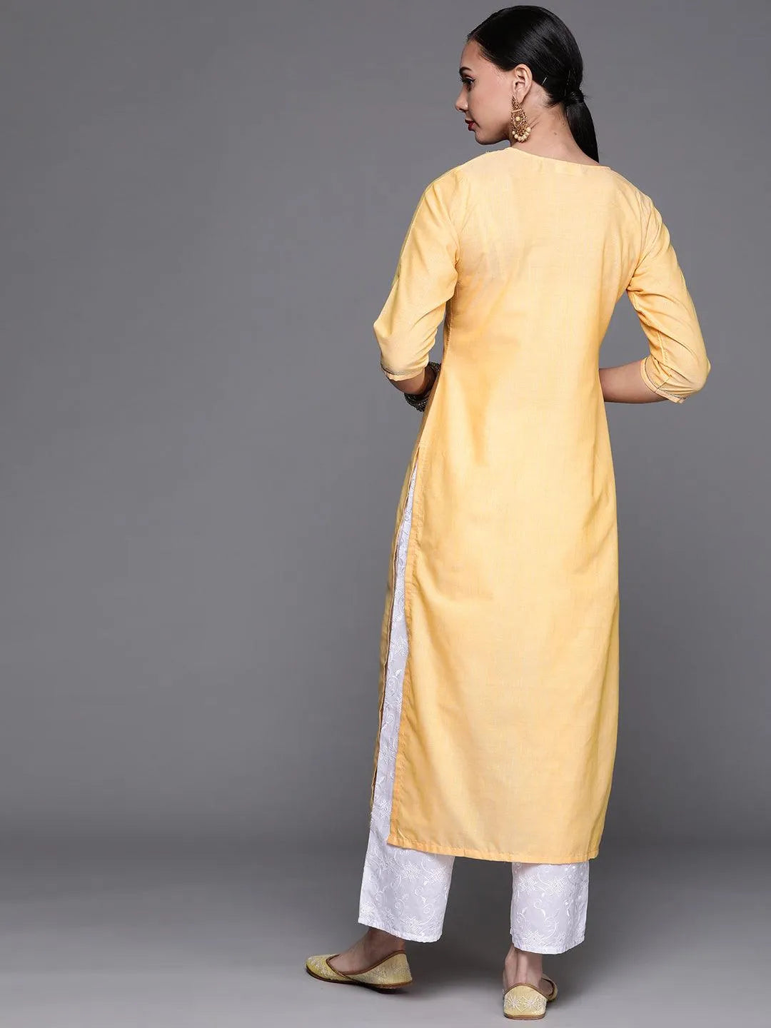 Yellow Solid Cotton Kurta - Libas