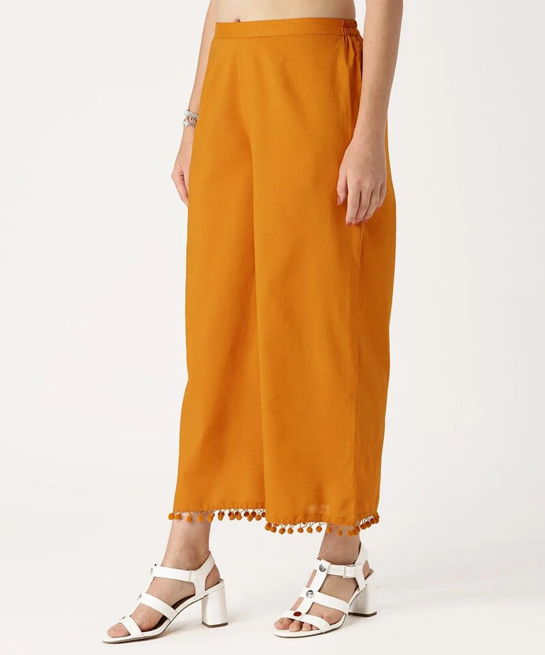 Yellow Solid Cotton Palazzos - Libas 