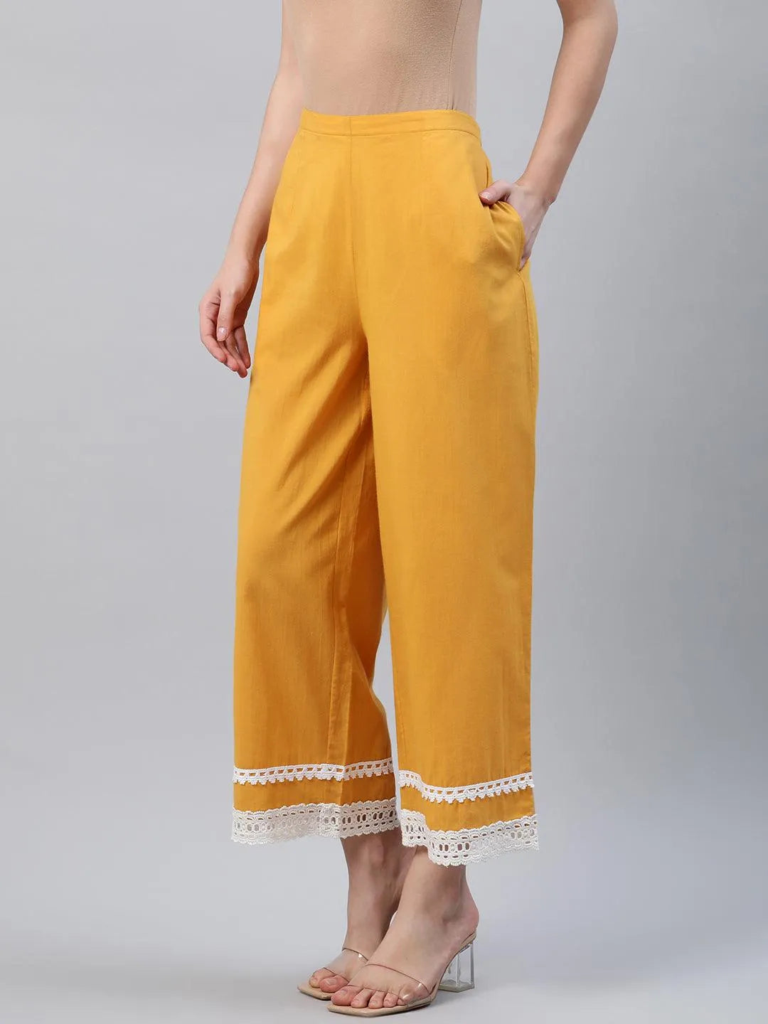 Yellow Solid Cotton Palazzos - Libas 