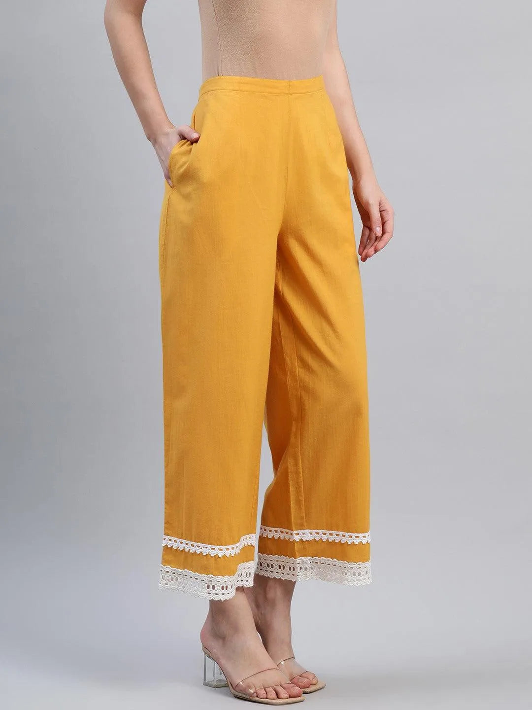 Yellow Solid Cotton Palazzos - Libas 