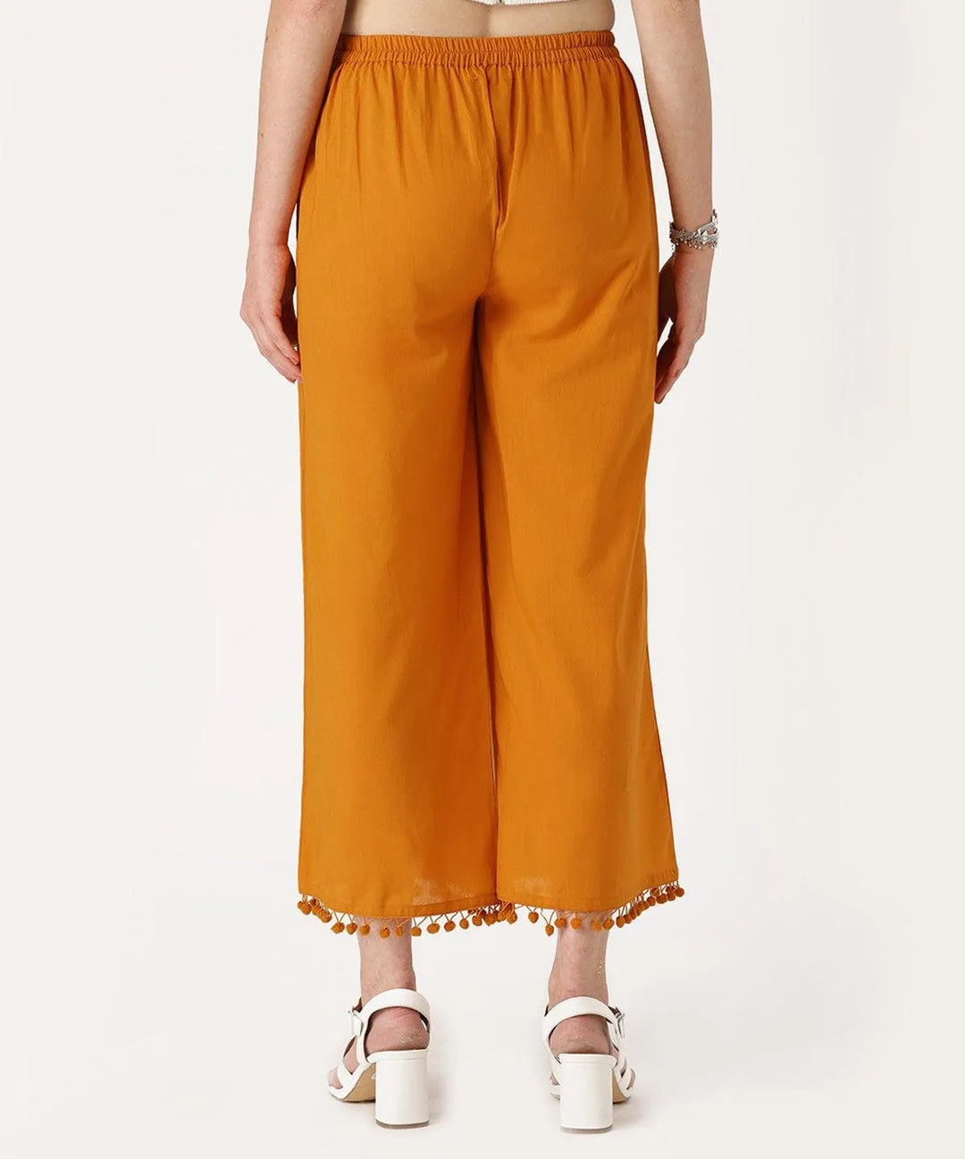 Yellow Solid Cotton Palazzos - Libas 