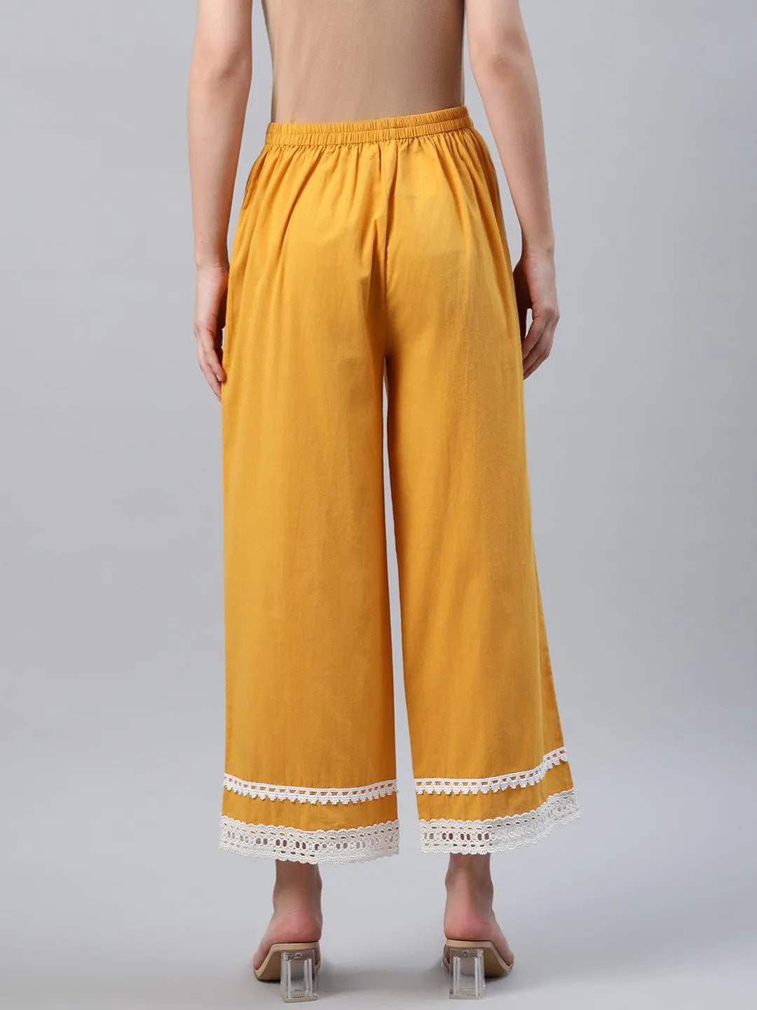 Yellow Solid Cotton Palazzos - Libas 