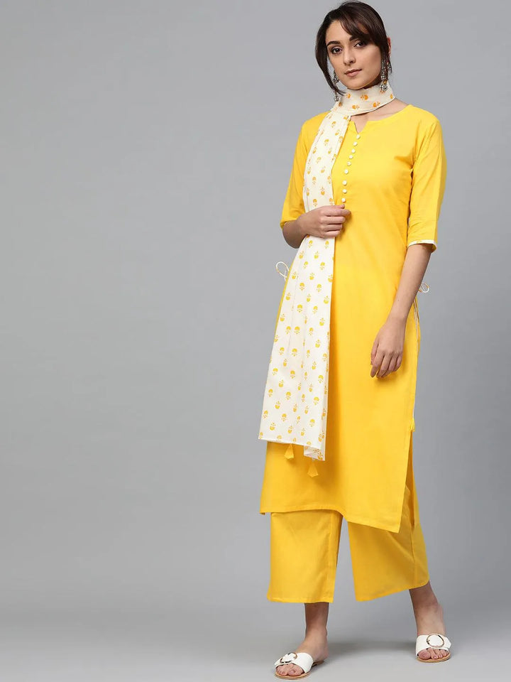 Yellow Solid Cotton Suit Set - Libas