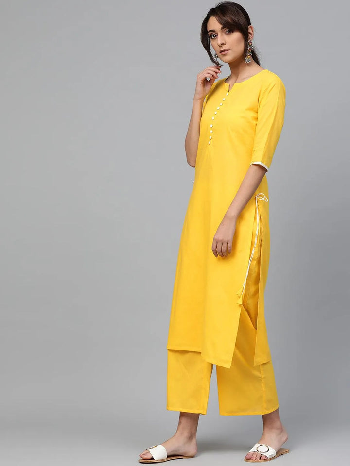 Yellow Solid Cotton Suit Set - Libas