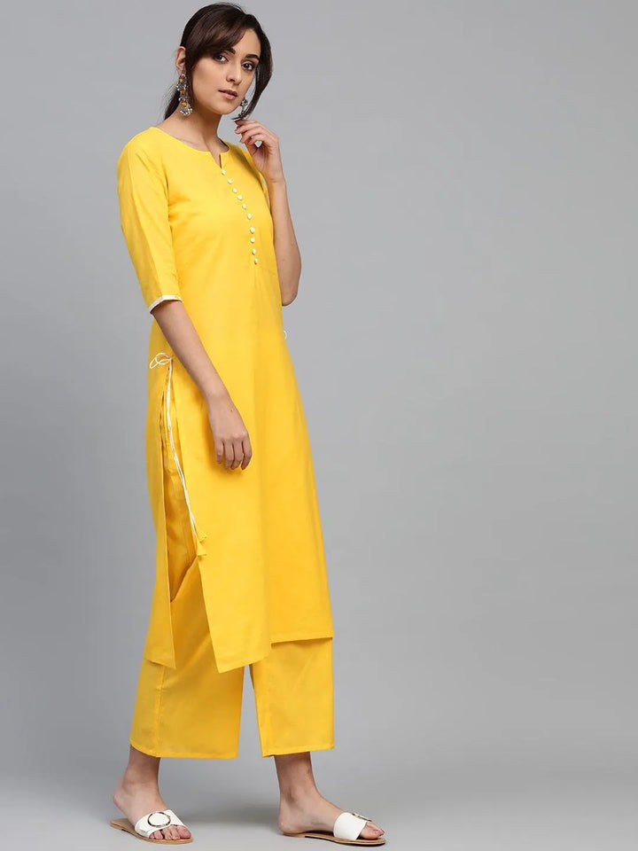 Yellow Solid Cotton Suit Set - Libas