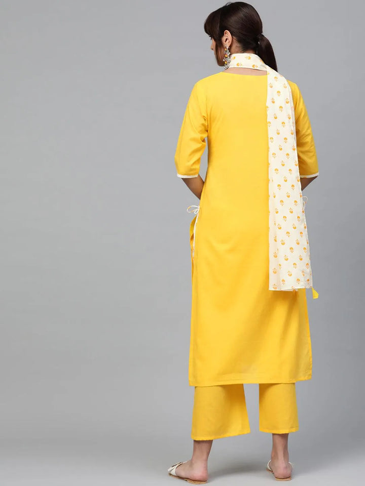 Yellow Solid Cotton Suit Set - Libas