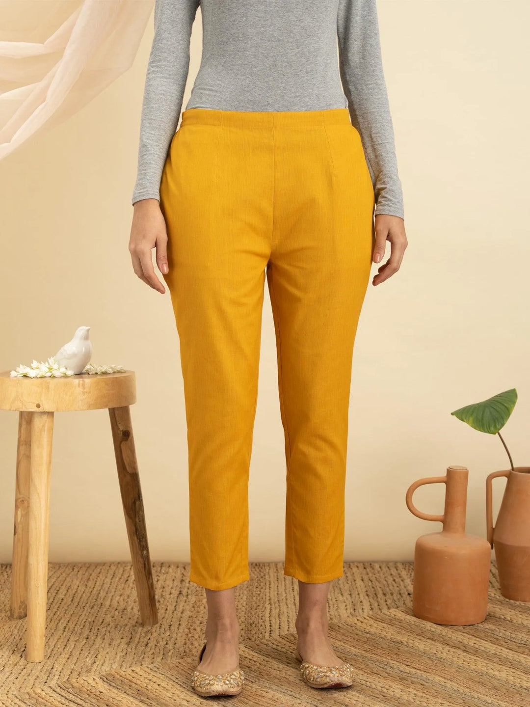 Yellow Solid Cotton Trousers - Libas