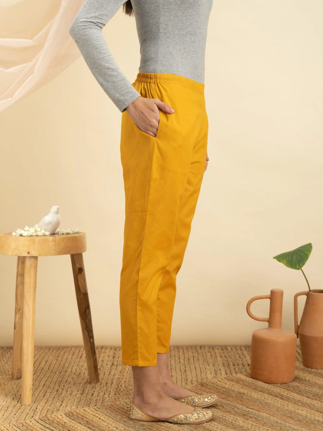 Yellow Solid Cotton Trousers - Libas