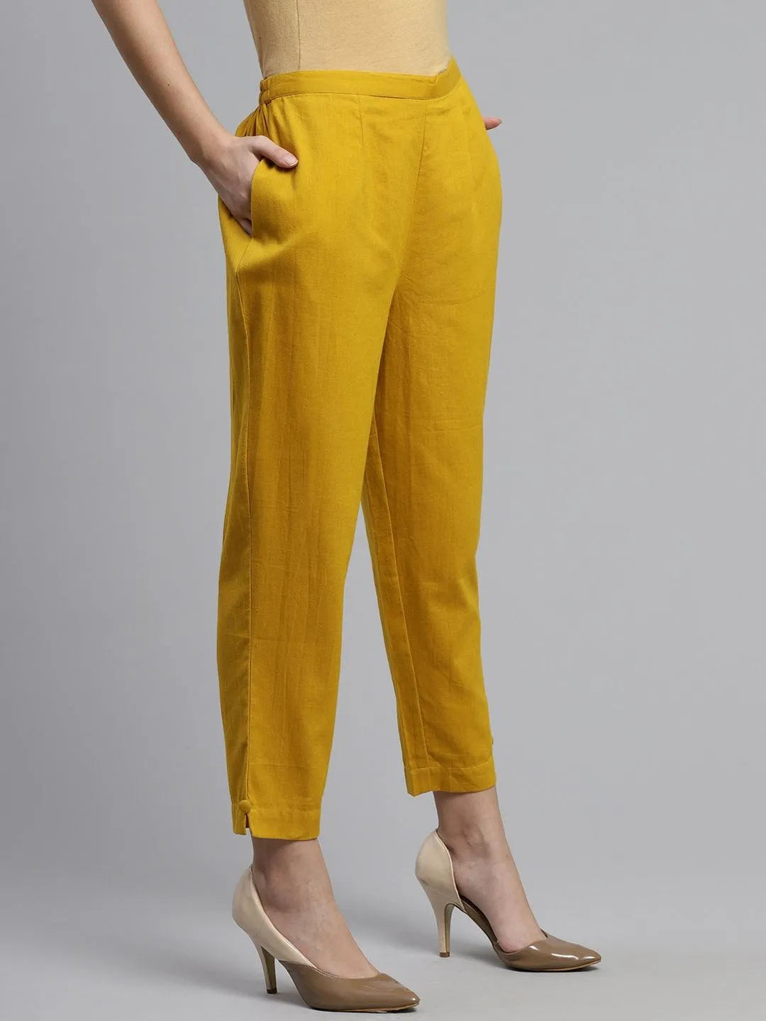 Yellow Solid Cotton Trousers - Libas 