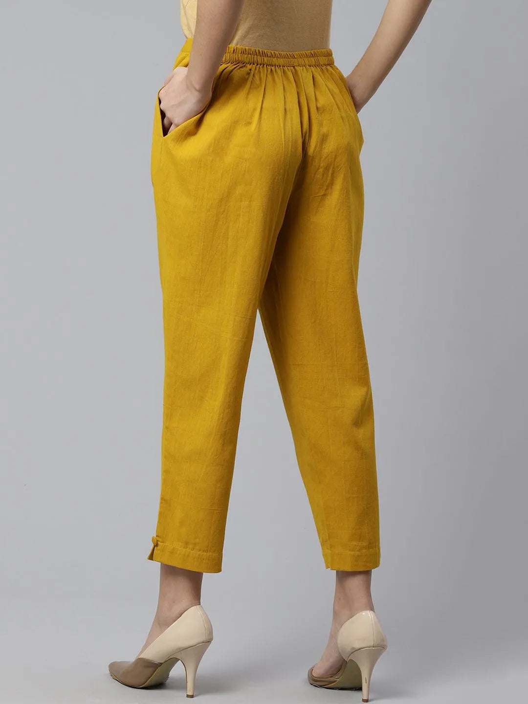 Yellow Solid Cotton Trousers - Libas 