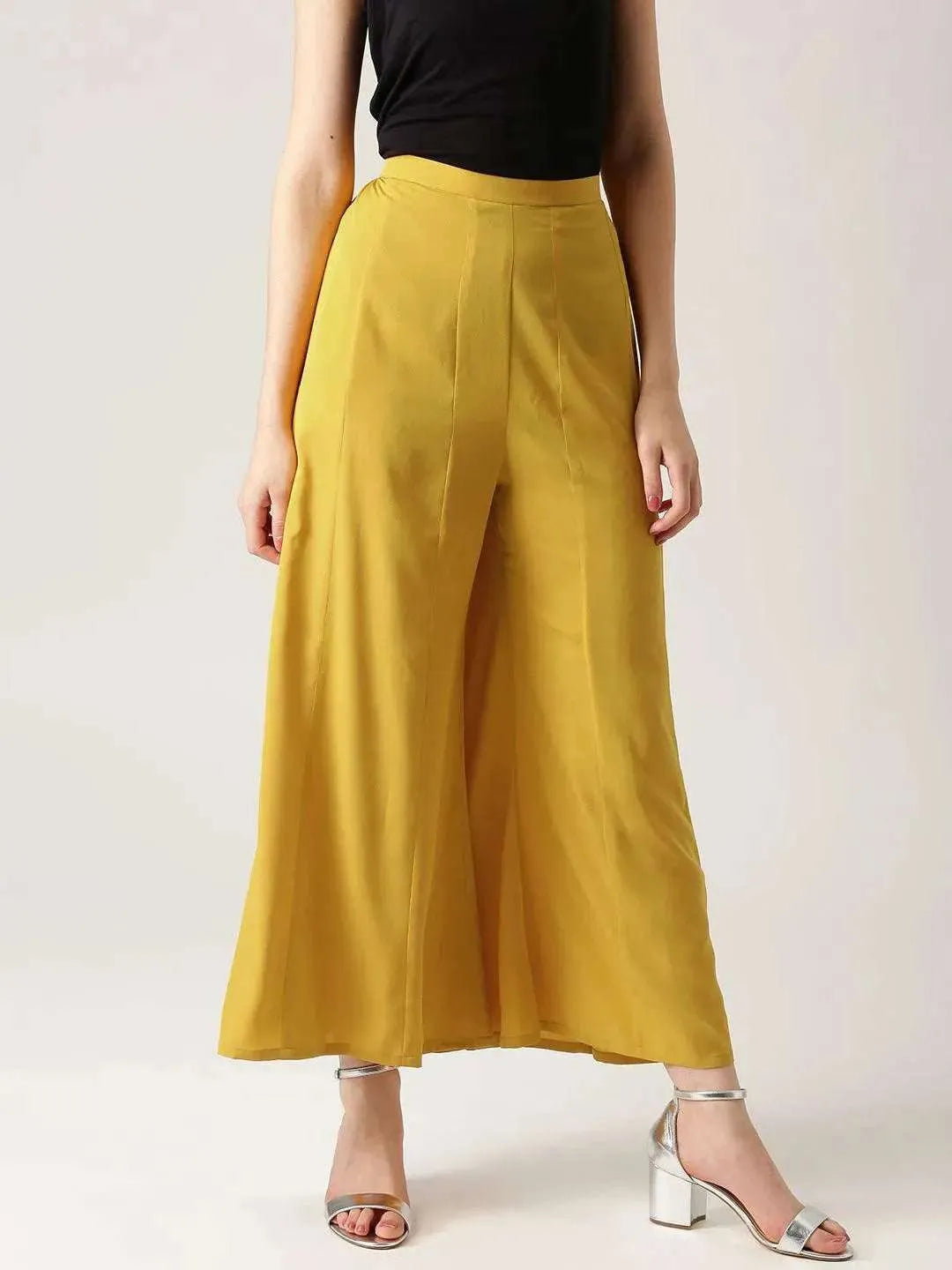 Yellow Solid Crepe Palazzos - Libas 