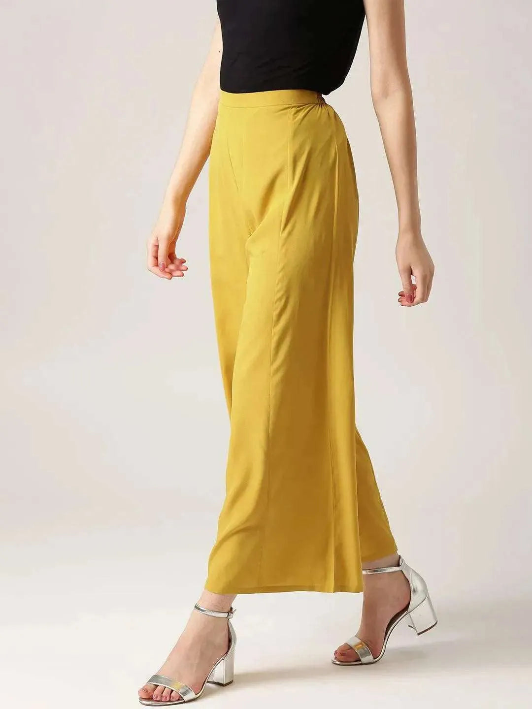 Yellow Solid Crepe Palazzos - Libas 