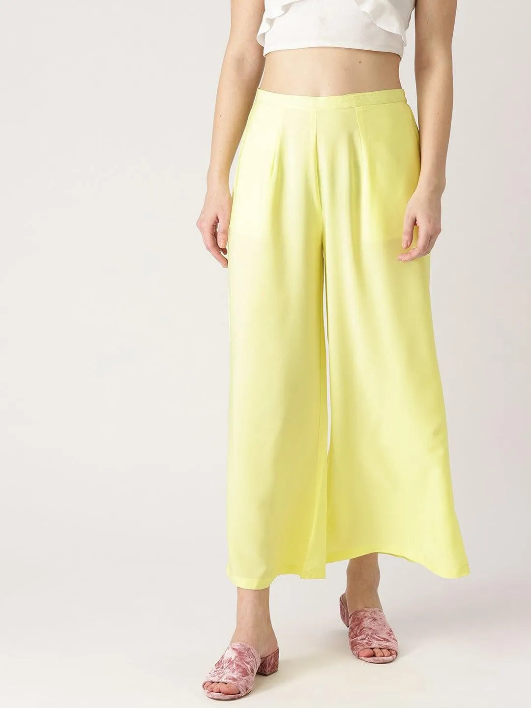 Yellow Solid Crepe Palazzos - Libas 