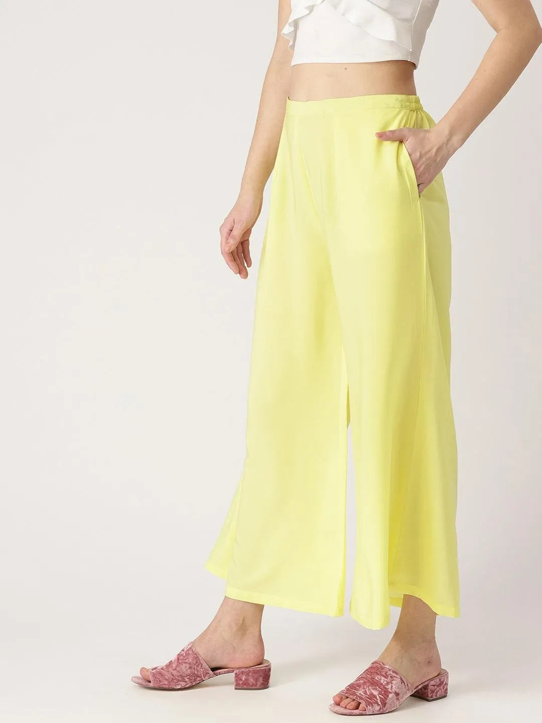 Yellow Solid Crepe Palazzos - Libas 