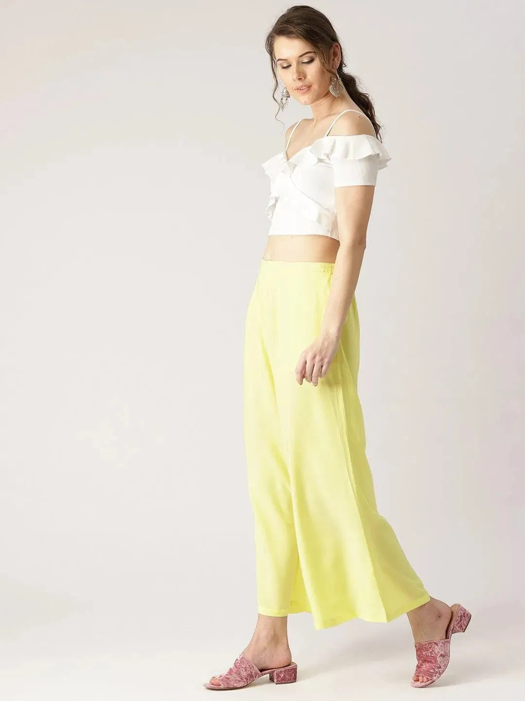 Yellow Solid Crepe Palazzos - Libas