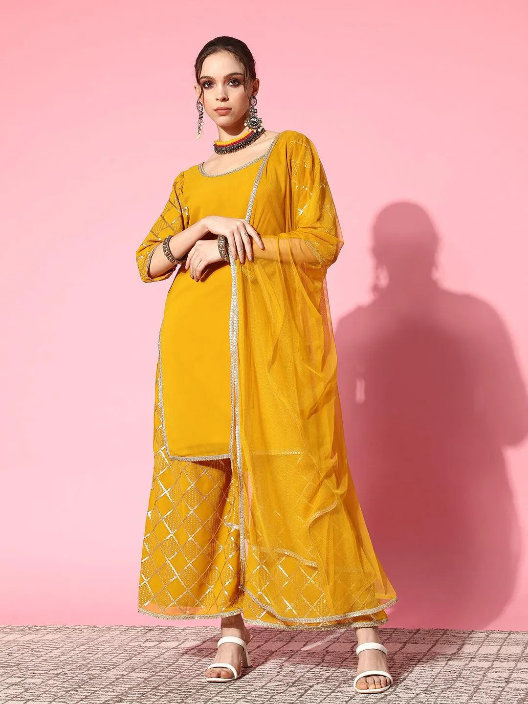 Yellow Solid Georgette Straight Suit Set With Palazzos - Libas 